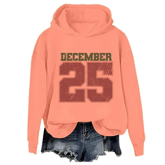 Vintage Christmas Sweatshirt Festive Themed Print Pullover Tops Soft Fleece Casual Cozy Lightweight Long Sleeve Hoody Womens Hoodie Orange XXL