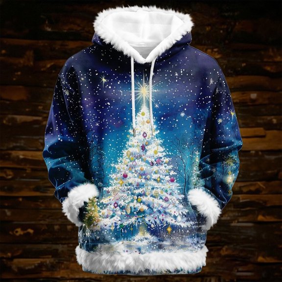 Vintage Christmas Sweatshirt Hooded Hoody Cozy Soft Casual Pullover Long Sleeve Outerwear Daily Streetwear Loungewear Hoodies for Women Blue L