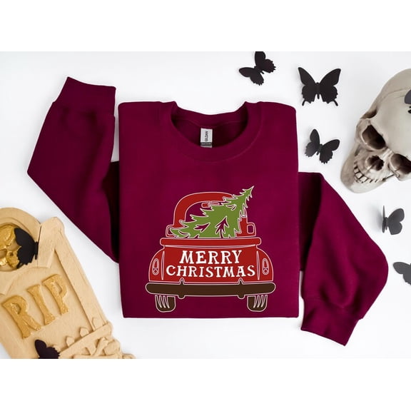 Vintage Christmas Sweatshirt, Merry Christmas Car Tree Pullover, Cozy Holiday Winter Sweater, Retro Christmas Apparel, Merry Christmas Shirt