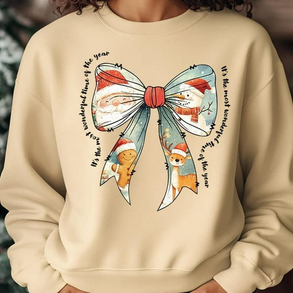 Vintage Christmas Sweatshirt, Santa Claus & Reindeer Crewneck, Coquette Bow Holiday Pullover, It's the Most Wonderful Time Shirt