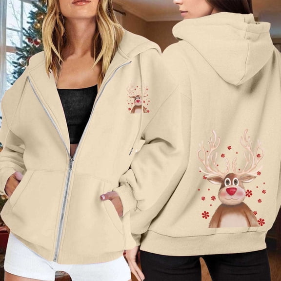 Vintage Christmas Sweatshirt Women'S Christmas Printed Zipper Long Sleeved Pocket Drawstring Casual Fleece Hooded Hoody Hoodie Women Beige S