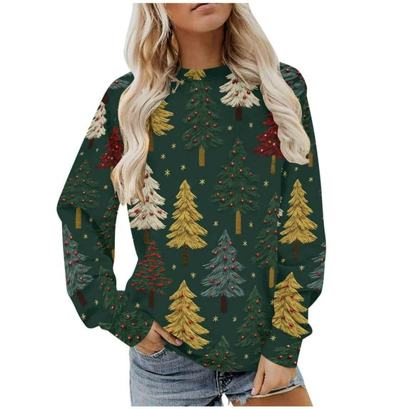 Vintage Christmas Sweatshirts for Women Fleece Round Neck Shirts Fashion Christmas Funny Printed Blouses Long Sleeve Sweaters Casual Xmas Holiday Pullover Tops