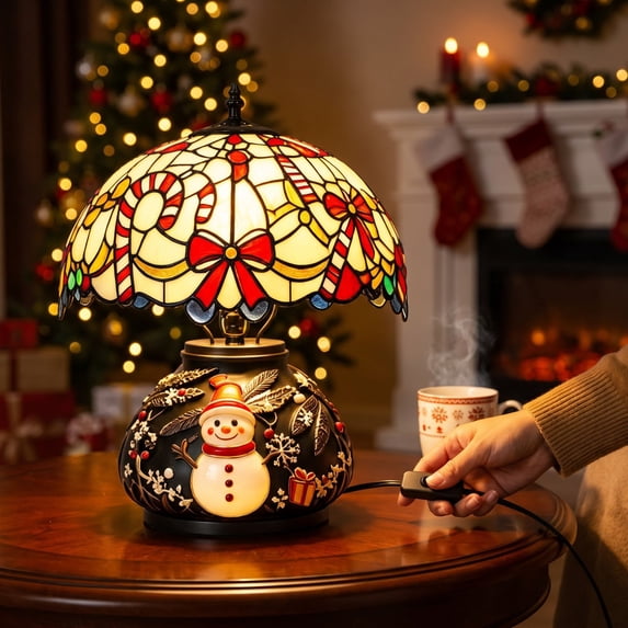 Vintage Christmas Table Decor with 10 Inch Glass Shade,Cozy Table Lamp for Living Room Nightstand,Festive Table Decorations for Home,1 Pack