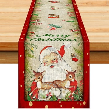 Vintage Christmas Table Runner Xmas Holiday Santa Claus Kitchen Dinner Table Decorations Merry Christmas Table Runner for Indoor Outdoor Home Party Decor