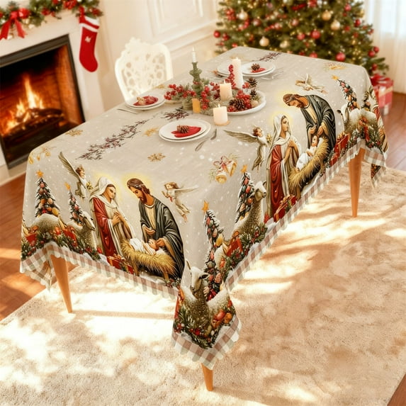 Vintage Christmas Tablecloth - Nativity Scene & Tree Pattern in Traditional Red/Green,Polyester for Family Dining & Restaurant Parties (55"× 87“)