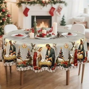 Vintage Christmas Tablecloth with Nativity Scene and Tree Patterns, 60"x60" Rectangular or Round Polyester Holiday Table Cover for Dining Table, Party, Family Gatherings, Festive Decor
