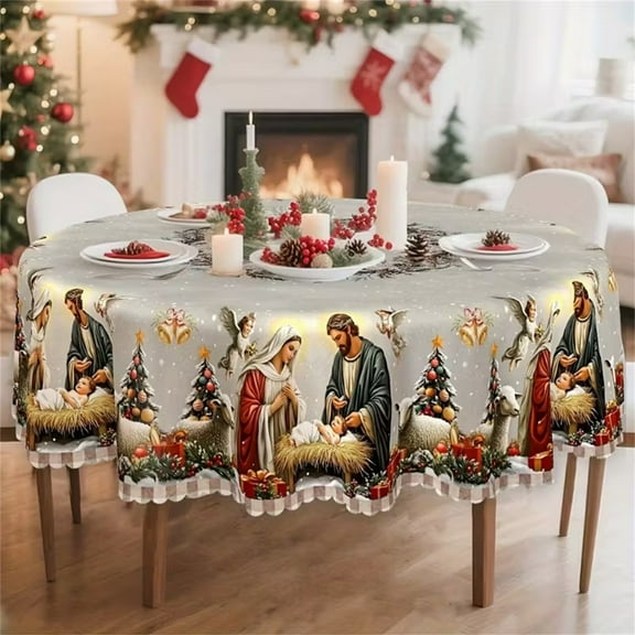 Vintage Christmas Tablecloth with Nativity & Tree Patterns, 58-86inch Washable Polyester Tablecloth, Traditional Scalloped Border Decor for Family Dining Restaurant Party