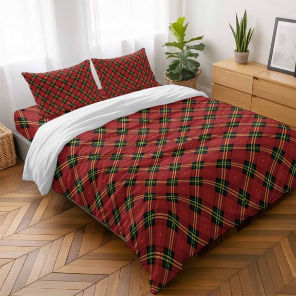 Vintage Christmas Tartan Plaid Queen Size Bed Set,Red Green Buffalo Checker Bedding for All Seasons,4 Pcs Bed Set,1 Quiltcover (90"x90"),1 Sheet (90"x102"),2 Pillowcases (20"x30")