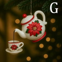 Vintage Christmas Teapot & Cup Ornament - Festive Tea Decor with Holly Red Berries, Pouring Tea Effect, Cute Christmas Tea Set Decorations for Tree, Home & Gift, Holiday Tea Themed Ornaments, G