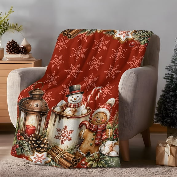 Vintage Christmas Throw Flannel Blanket Hot Cocoa Snowman Cookie Pine Leaf Snow Red Super Soft Cozy Bed Blanket, Lightweight Plush Fuzzy Bed Throw for Bedroom Sofa Couch Living Room 30x40in