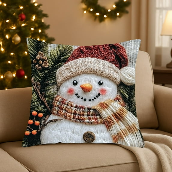 Vintage Christmas Throw Pillow Covers 17.7x17.7in , Soft Comfy Xmas Santa Claus Trees Pillow Cases, Aesthetic Snowman Reindeer 3D Decor for Couch Sofa Living Room Bed