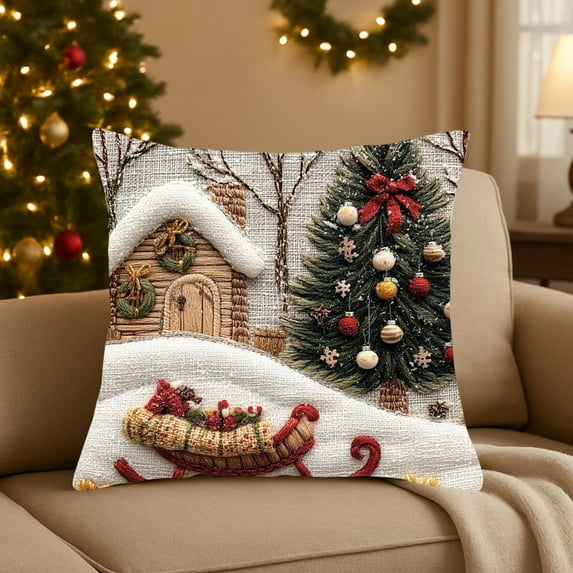 Vintage Christmas Throw Pillow Covers 17.7x17.7in , Soft Comfy Xmas Santa Claus Trees Pillow Cases, Aesthetic Snowman Reindeer 3D Decor for Couch Sofa Living Room Bed