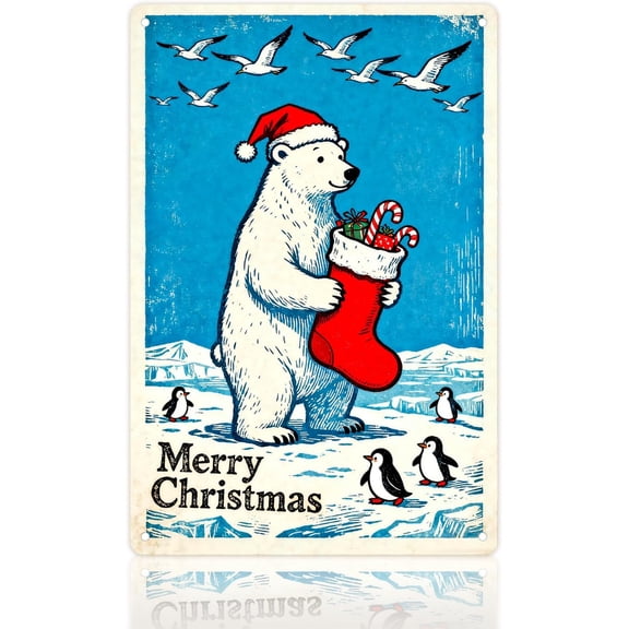 ​ Vintage Christmas Tin Sign - 12x8 Inch - Featuring a Cheerful Polar Bear in Festive Arctic Scene with the Text "MERRY CHRISTMAS"​