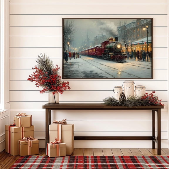 Vintage Christmas Train at Snowy Town Station, wall decor, home decor, art print, gallery wall, living room art, statement artwork, interior decor, vintage artwork, Unframed Poster 8x12