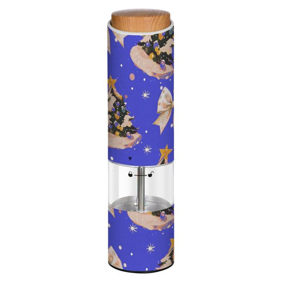 Vintage Christmas Tree Bow Pattern Printed Electric Pepper Mill One-Touch Battery Operated Salt Grinder Adjustable Coarseness Decorative Counter Spice Tool