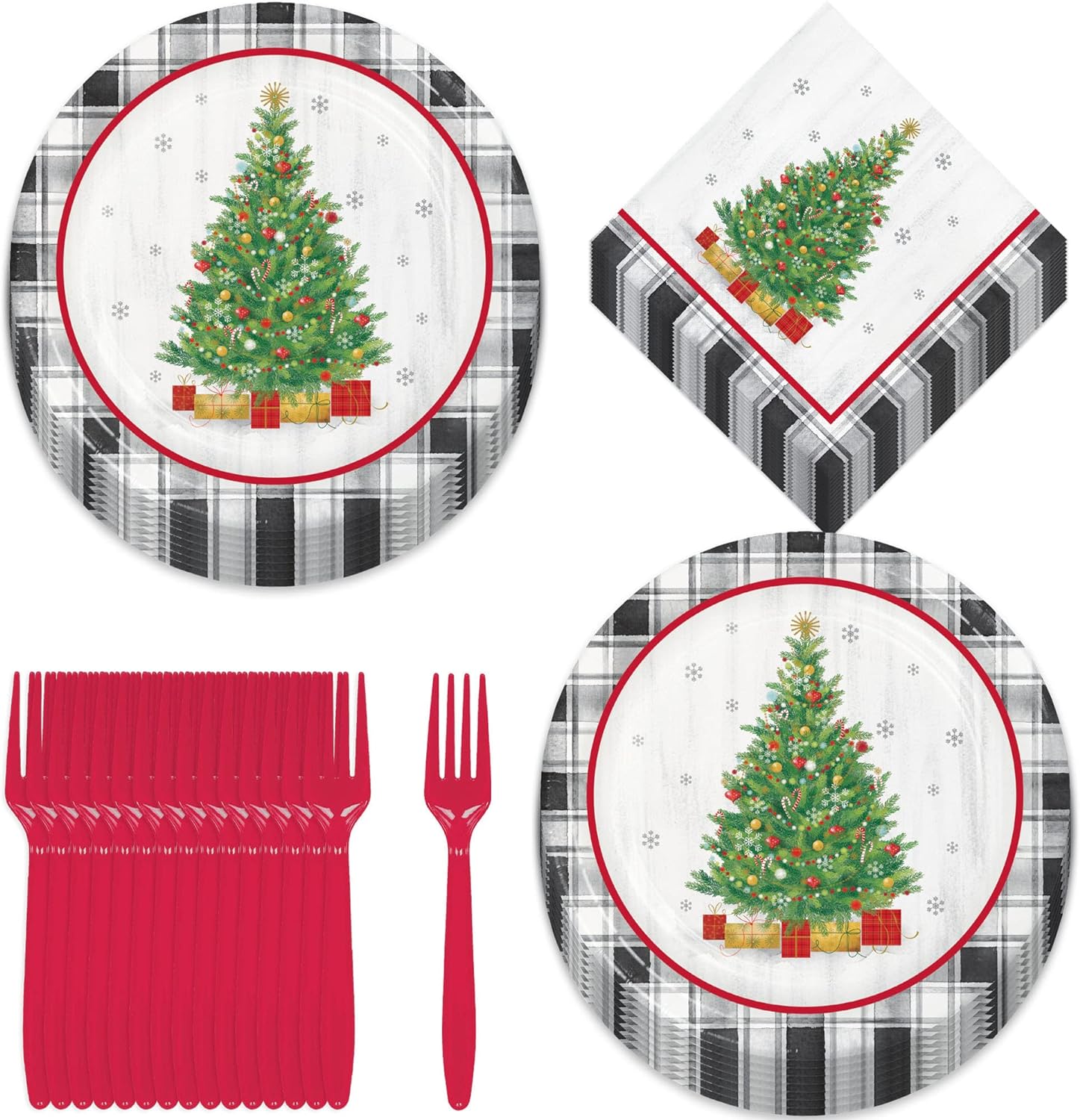Vintage Christmas Tree Buffalo Plaid Holiday Party Paper Dinner Plates