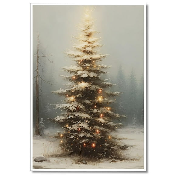Vintage Christmas Tree Canvas Wall Art, Light Up Christmas Tree Painting Poster, Muted Neutral Moody Rustic Winter Picture Prints for Wall Decor, Christmas Gift Idea