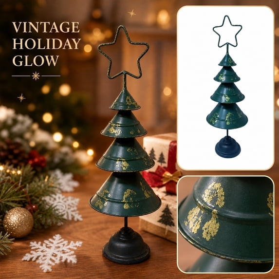 Vintage Christmas Tree Decor, Painted Dark Green with Gold Accents, Metal Tabletop Ornament with Star Topper for Holiday Home Decorations and Seasonal Table Centerpiece