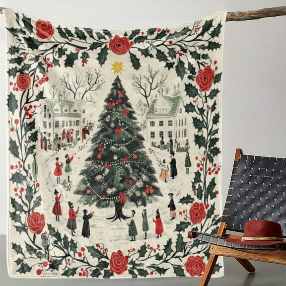 Vintage Christmas Tree and Floral Print Flannel Throw Blanket - 59x78.7 inch Cozy Soft Polyester Knitted Blanket for Sofa, Bed, Car, Office, Camping, Travel - All-Season Comfort, Digital Printing,