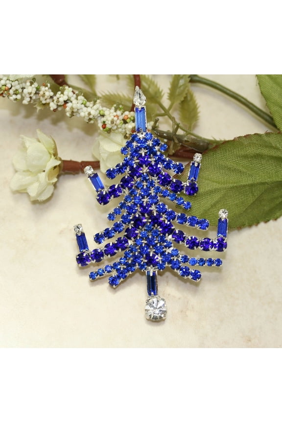 Vintage Christmas Tree Prong Set Brooch Pin Blue Sapphire Rhinestones Candles, Xmas Holiday Jewelry Gift