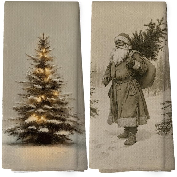 Vintage Christmas Tree Santa Kitchen Towels 16x24 Inch, Set of 2 | Winter Christmas Dish Tea Towels for Kitchen, Rustic Farmhouse Xmas Winter Decorative Hand Towels for Bathroom