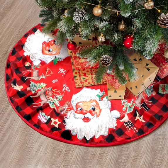 Vintage Christmas Tree Skirt 48 Inches Retro Santa Pattern Xmas Tree Mat Decor with Santa Claus Snowflakes Buffalo Plaid Xmas Tree Skirt for Winter Holiday Party Decorations Indoor Outdoor