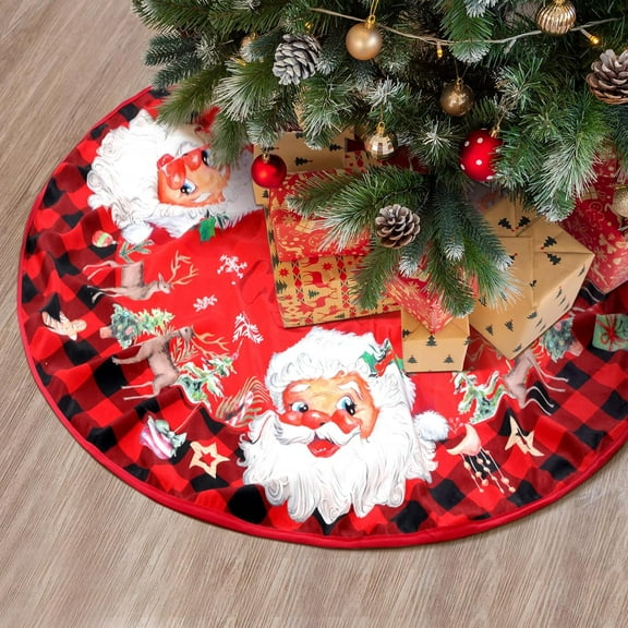 Vintage Christmas Tree Skirt 48 Inches Retro Santa Pattern Xmas Tree Mat Decor with Santa Claus Snowflakes Buffalo Plaid Xmas Tree Skirt for Winter Holiday Party Decorations Indoor Outdoor