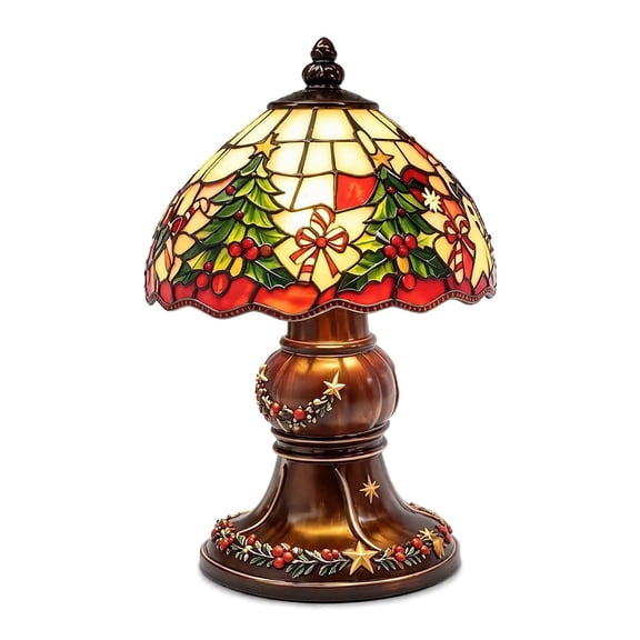 Vintage Christmas Tree Table Light, Stained Glass Style Xmas Tree Resin Desk Lamp for Mantel Tabletop Home Decor