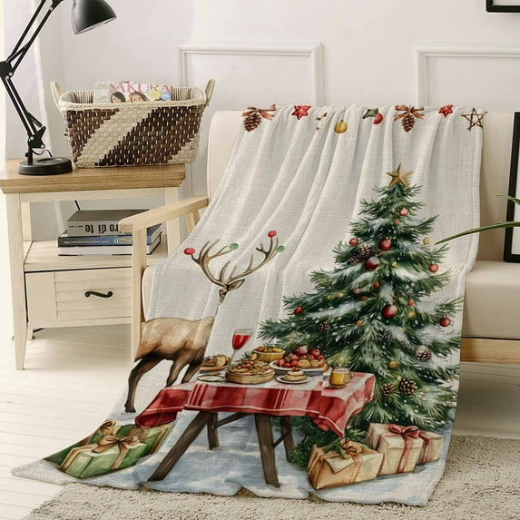 Vintage Christmas Tree Throw Flannel Blanket 50x80In Food Reindeer Gift Linen Winter Super Soft Cozy Bed Blanket, Lightweight Plush Fuzzy Bed Throw for Bedroom Sofa Couch Living Room