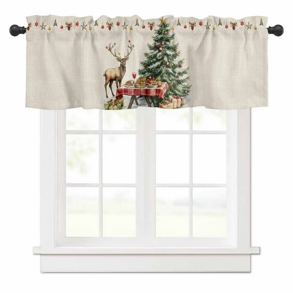 Vintage Christmas Tree Valances for Windows Food Reindeer Gift Linen Winter Rod Pocket Curtain Valance Window Treatment Short Curtains for Kitchen Living Room, 60"x18"