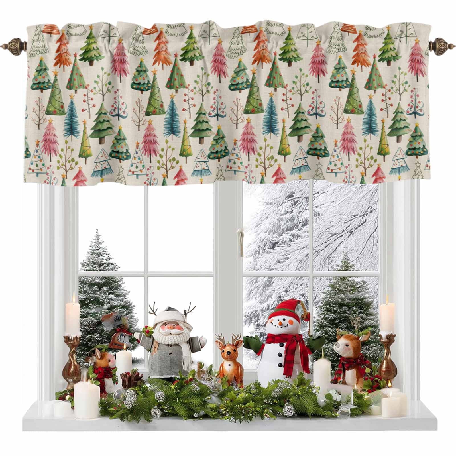 Vintage Christmas Tree Valances for Windows,Kitchen Valance Rod Pocket Short Curtain,Winter Plant on Linen Valance Curtain Window Valances for Bedroom 54x18in