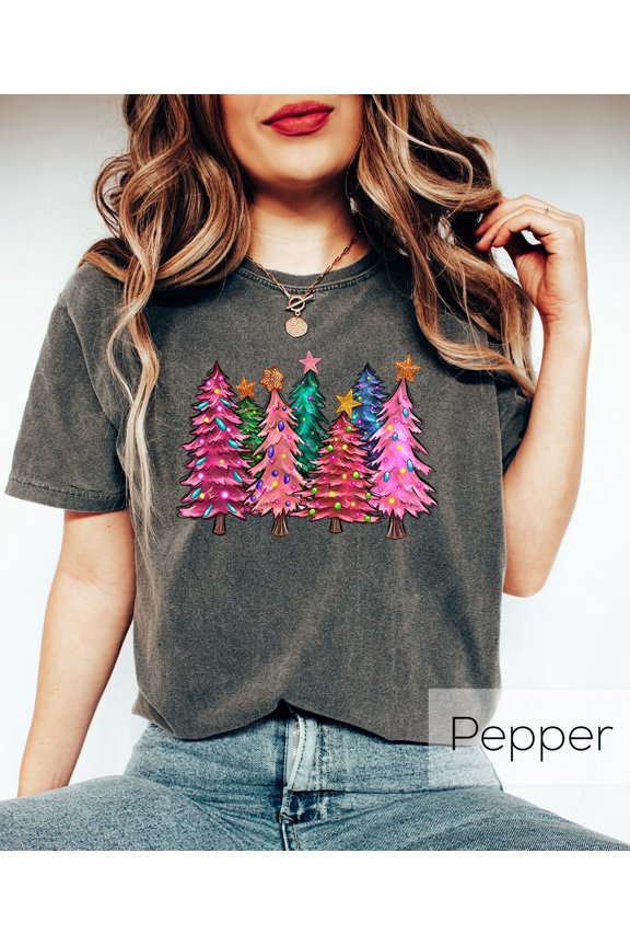 Vintage Christmas Trees Crewneck Shirt Gift For Christmas, Ladies Merry Christmas Sweater, Colorful Xmas Tree T-shirt, Pink Tree Shirt All Size S-5Xl