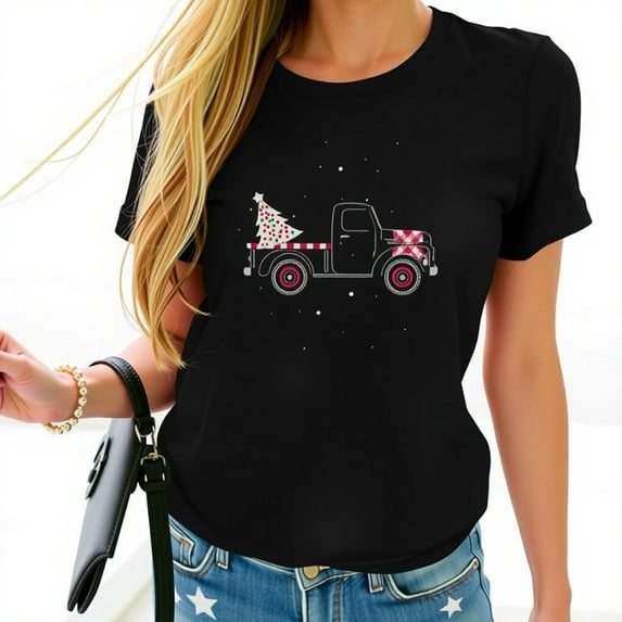 Vintage Christmas Truck Graphic Women’s Shirt With Festive Patterns