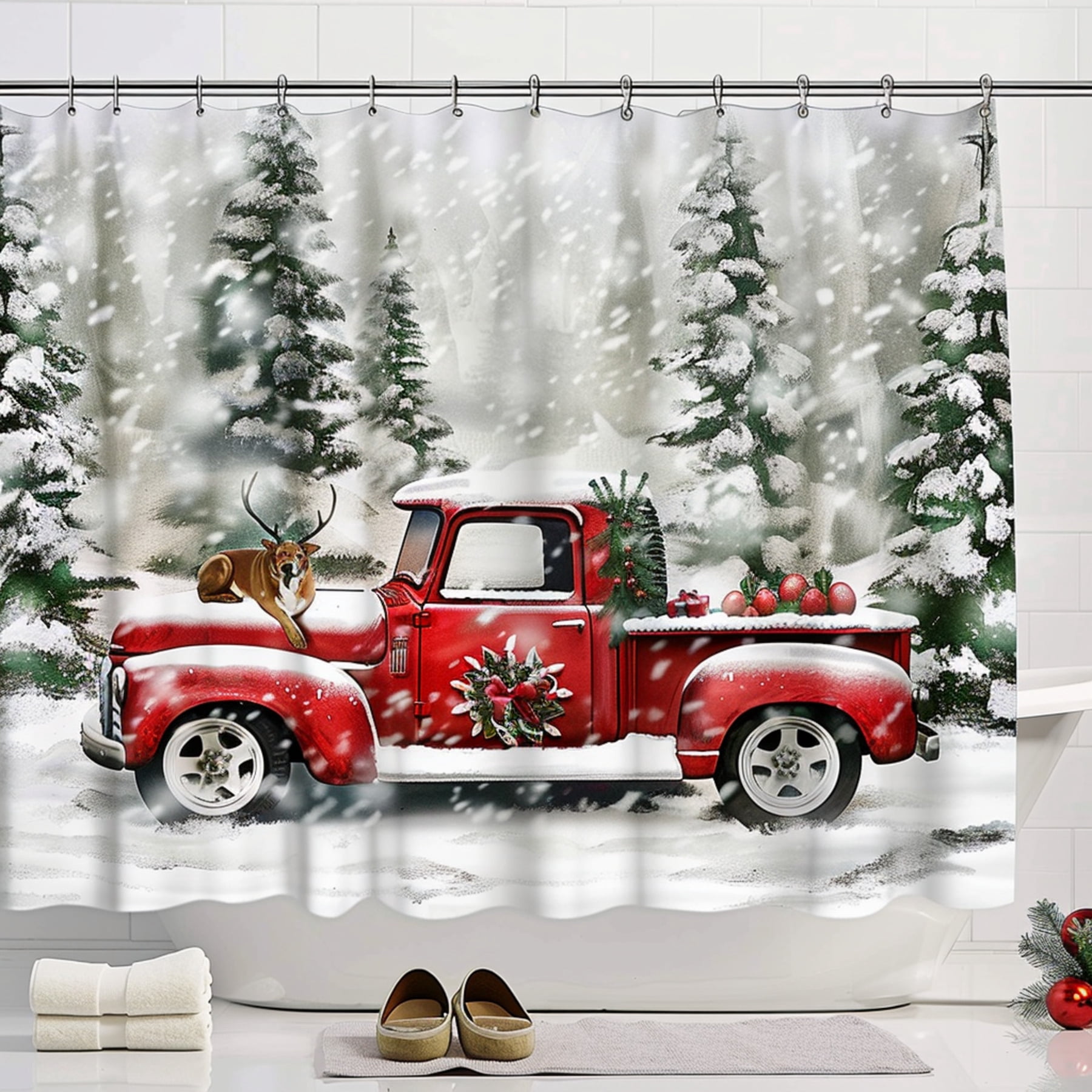 Vintage Christmas Truck Shower Curtain with Sy Pine Trees Festive Holiday Bathroom Decor