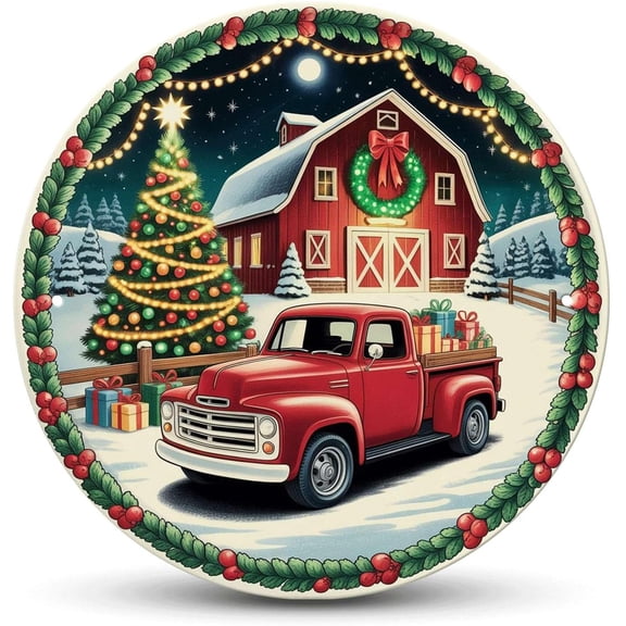 Vintage Christmas Truck Tin Sign Round Metal Wall Decor 8 x 8 In Red Barn Design
