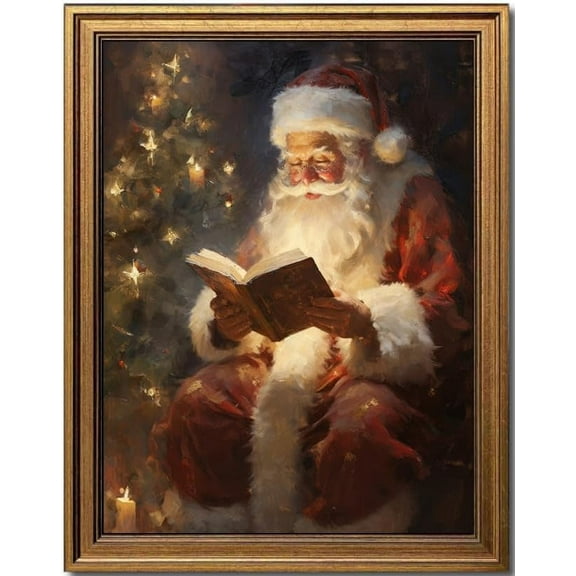 Vintage Christmas Wall Art Christmas Posters Decor Santa Reading Book Rustic Christmas Oil Painting, Canvas Wall Art Prints for Winter Room Art Decor Cottagecore Decor Holiday Decoration Gifts