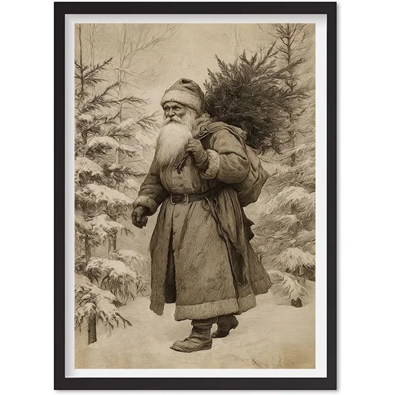 Vintage Christmas Wall Art, Neutral Santa Claus And Christmas Tree Poster, Matte Canvas Stretched, Posters for Room Bedroom Living Room Bathroom Wall Decor, Posters & Art Prints, Gift.