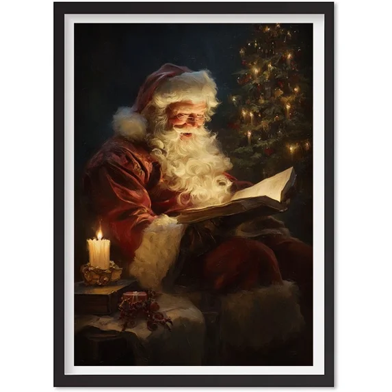 Vintage Christmas Wall Art Santa Reading Book Printable Christmas Oil Poster, Matte Canvas Stretched, Posters for Room Bedroom Living Room Bathroom Wall Decor, Posters & Art Prints, Gift.