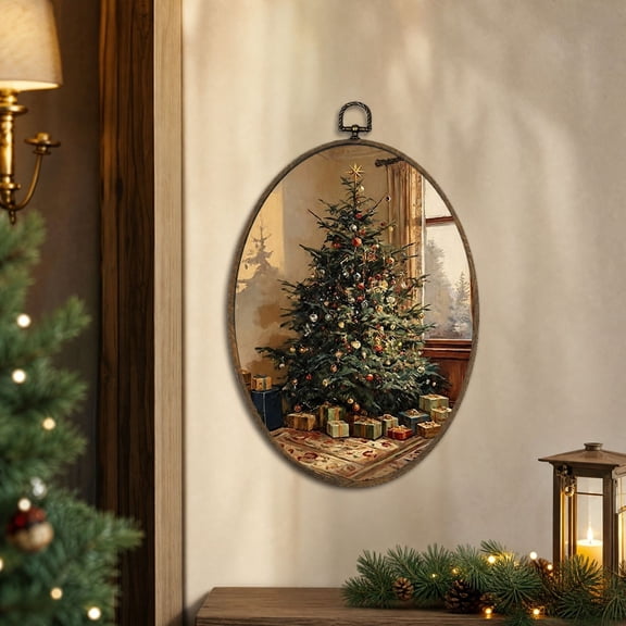 Vintage Christmas Wall Decor Oval Framed Winter Scene Art with Hanging Loop Holiday Decor for Home Mantel Living Room Cozy Christmas Gift 11.41 In