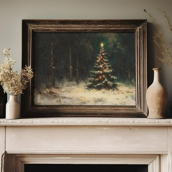 Vintage Christmas Winter Posters Snowy Forest Scene Print Poster Lighted Tree Wall Art Canvas Artwork Home Christmas Rustic Farmhouse Decoration No Frame
