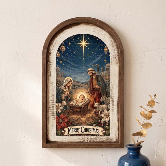 Vintage Christmas Wooden Frame Wall Art Hanging Decoration, Winter Classic Landscape Paintings Frame Rustic Distressed Finish Decor for Home Holiday Indoor Bathroom Wall Xmas Gift 4.92"x7.87"