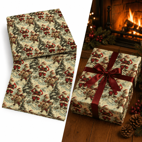 Vintage Christmas Wrapping Paper 27" x 39" Holiday Gift Wrap Sheets Classic Pine Trees Santa Sleigh Prints Festive Present Packing for Holiday Party Favors