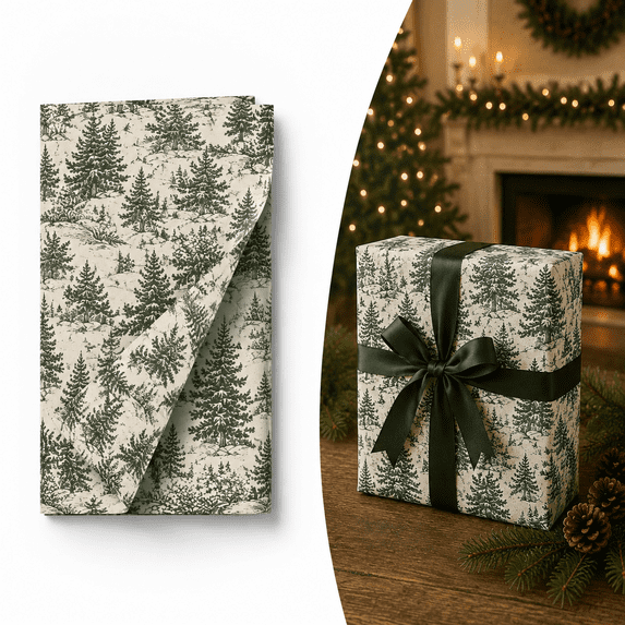 Vintage Christmas Wrapping Paper 27" x 39" Holiday Gift Wrap Sheets Classic Pine Trees Santa Sleigh Prints Festive Present Packing for Holiday Party Favors