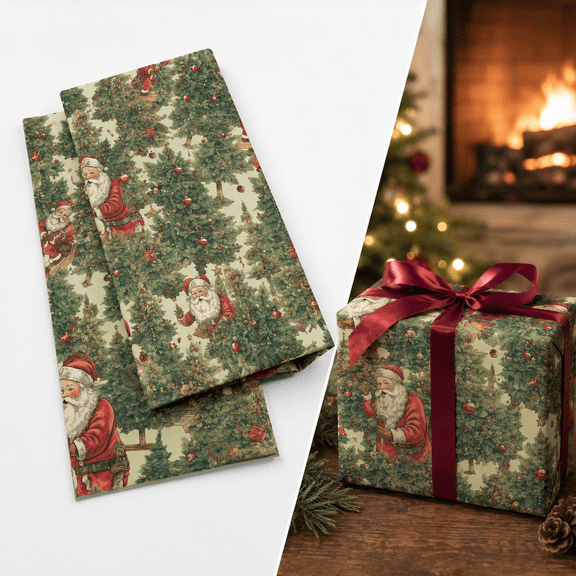 Vintage Christmas Wrapping Paper 27" x 39" Holiday Gift Wrap Sheets Classic Pine Trees Santa Sleigh Prints Festive Present Packing for Holiday Party Favors