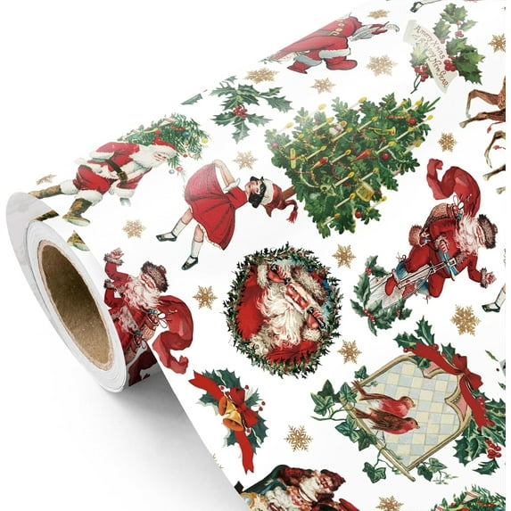 Vintage Christmas Wrapping Paper - Mini Roll - 23 Inch x 58Inch -  Green Christmas Wrapping Paper for Xmas Holiday, Party Celebration