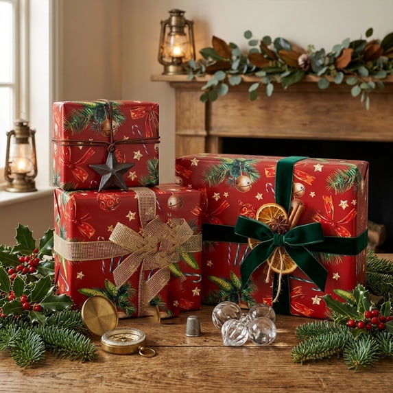 Vintage Christmas Wrapping Paper Roll, Red Wrapping Paper, Elegant Red Christmas Theme Festive Holiday Gift Wrap for Winter Celebration, Seasonal Decor (2PCS, 17 Inch x 9.8 Feet)