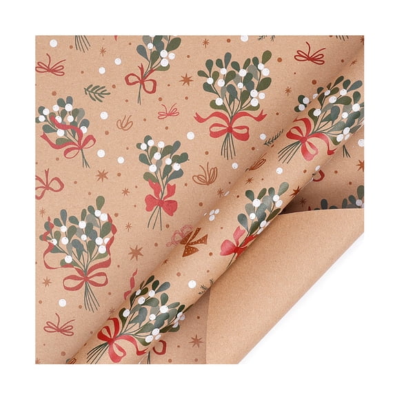 Vintage Christmas Wrapping Paper Roll with Mistletoe and Bow Pattern, 17 Inches X 9.8 Feet, Brown Kraft Paper for Holiday Gift Wrapping