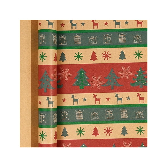 Vintage Christmas Wrapping Paper with Festive Reindeer and Tree Pattern, 17 Inches X 10 Feet, Brown Kraft Paper Roll for Holiday Gift Wrapping