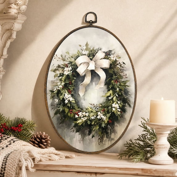 Vintage Christmas Wreath Wall Art Decor Framed,Rustic Christmas Canvas Prints, Moody Farmhouse Xmas Oval Wall Hanging Artwork Decorations for Home Bedroom Living Room