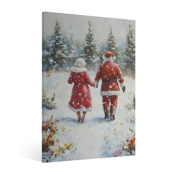 Vintage Christmas couple in snowy scenery Wall Art Paint Framed - Retro Xmas Festive Winter Holiday Christmas Wall Decor Canvas Print for Living Room Kitchen Bathroom Home Bedroom Decor